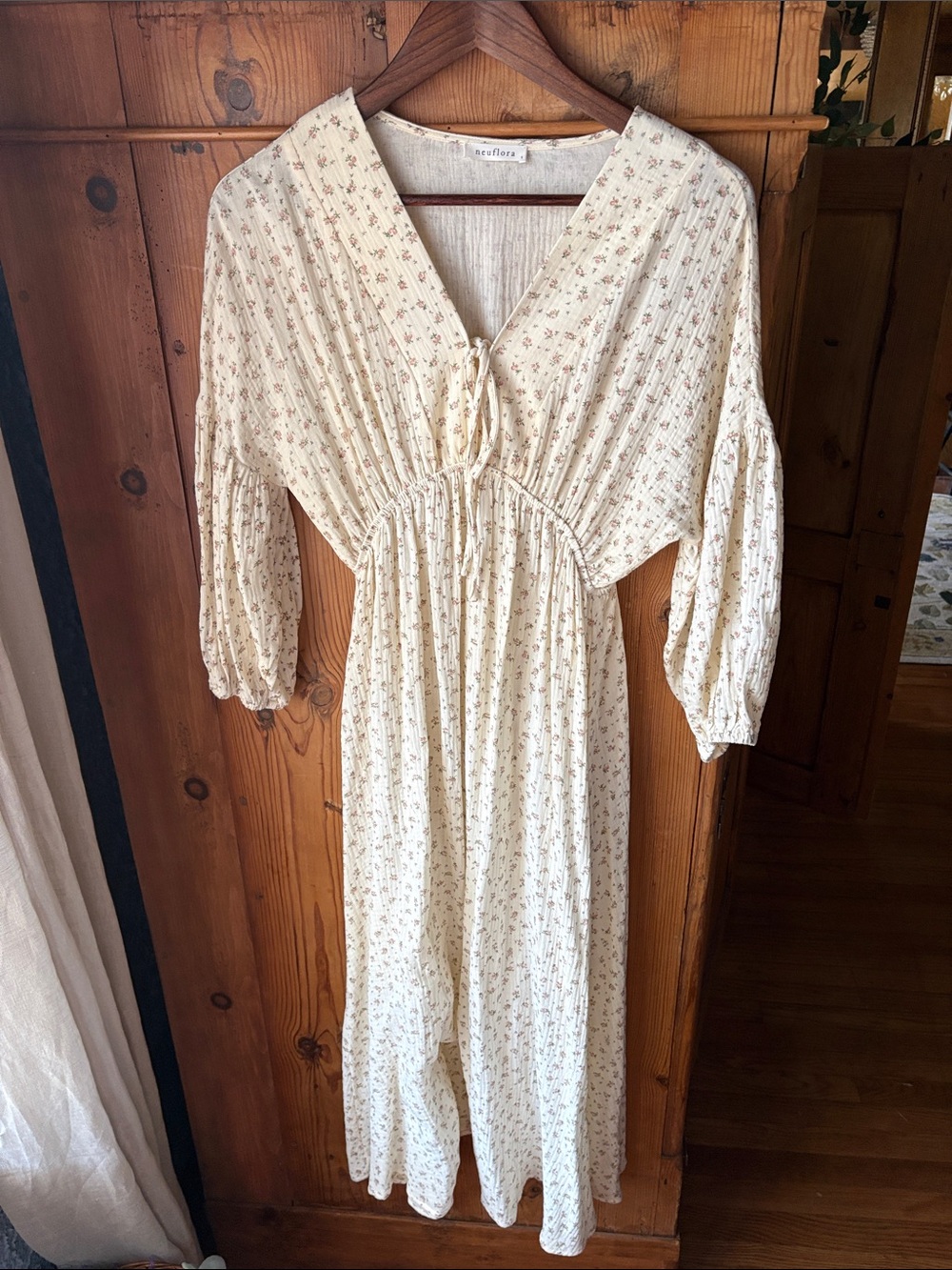 Neuflora Cream Floral Maxi Dress with V-Neck Tie